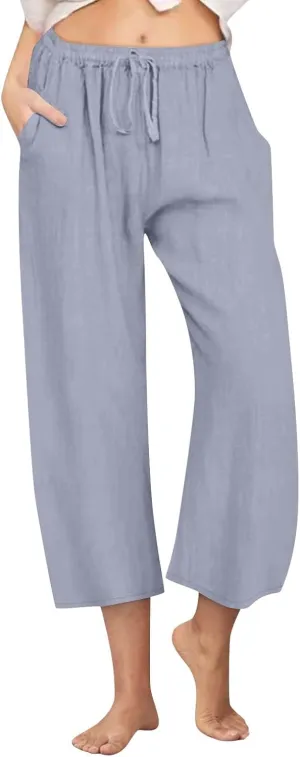 FZYLQY Cotton Linen Capri Pants for Women 2025 Cropped Lounge Wide Leg Trousers Drawstring Elastic Waist Summer Beach Pants