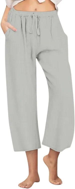 FZYLQY Cotton Linen Capri Pants for Women 2025 Cropped Lounge Wide Leg Trousers Drawstring Elastic Waist Summer Beach Pants