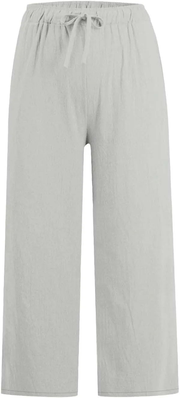 FZYLQY Cotton Linen Capri Pants for Women 2025 Cropped Lounge Wide Leg Trousers Drawstring Elastic Waist Summer Beach Pants