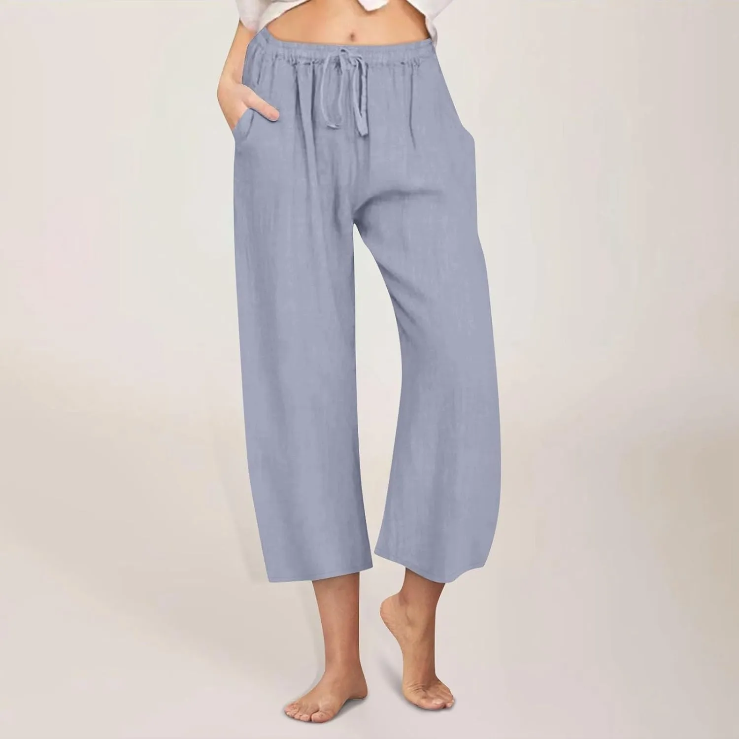 FZYLQY Cotton Linen Capri Pants for Women 2025 Cropped Lounge Wide Leg Trousers Drawstring Elastic Waist Summer Beach Pants