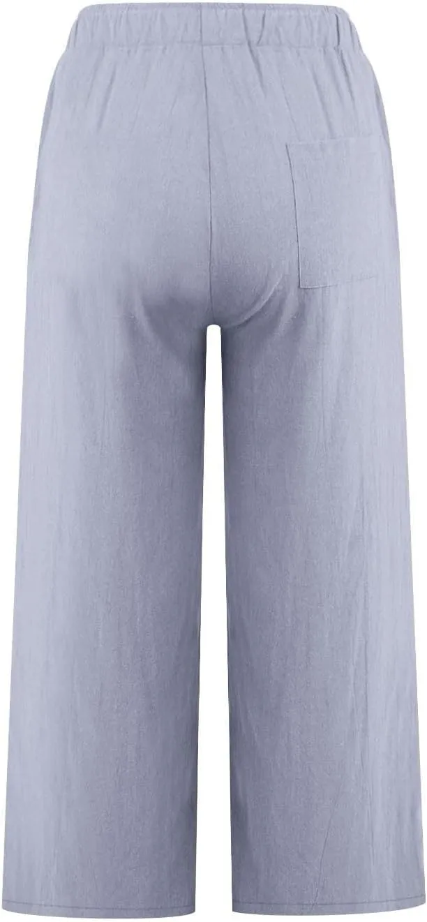 FZYLQY Cotton Linen Capri Pants for Women 2025 Cropped Lounge Wide Leg Trousers Drawstring Elastic Waist Summer Beach Pants