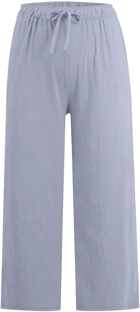 FZYLQY Cotton Linen Capri Pants for Women 2025 Cropped Lounge Wide Leg Trousers Drawstring Elastic Waist Summer Beach Pants