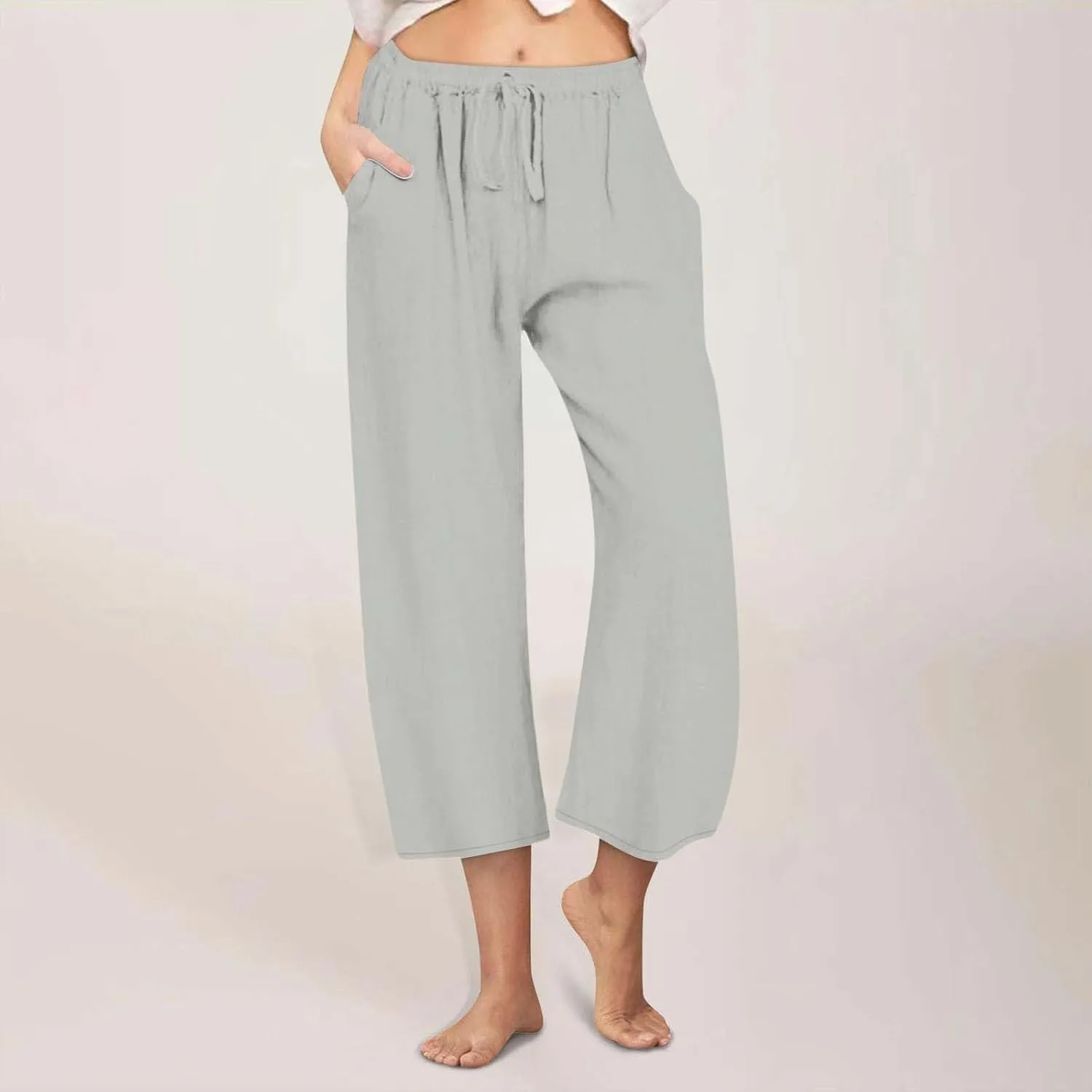 FZYLQY Cotton Linen Capri Pants for Women 2025 Cropped Lounge Wide Leg Trousers Drawstring Elastic Waist Summer Beach Pants