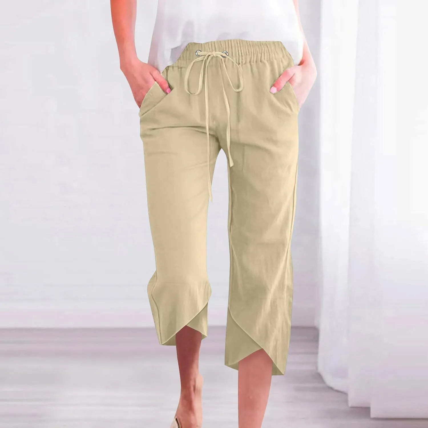 FZYLQY Cotton Linen Pants for Womens 2025 Summer Elastic Waist Solid Capris Pants Straight Wide Leg Cropped Trousers