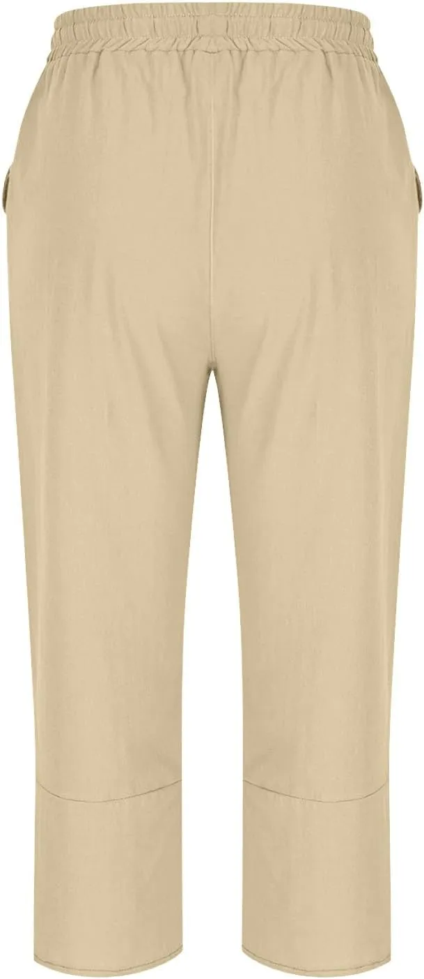FZYLQY Cotton Linen Pants for Womens 2025 Summer Elastic Waist Solid Capris Pants Straight Wide Leg Cropped Trousers