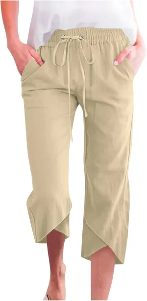 FZYLQY Cotton Linen Pants for Womens 2025 Summer Elastic Waist Solid Capris Pants Straight Wide Leg Cropped Trousers