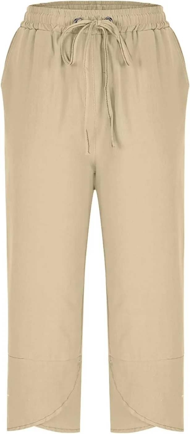 FZYLQY Cotton Linen Pants for Womens 2025 Summer Elastic Waist Solid Capris Pants Straight Wide Leg Cropped Trousers