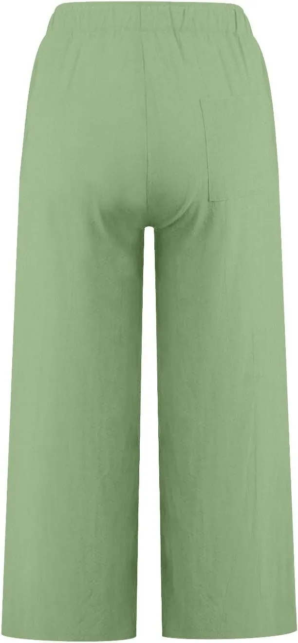 FZYLQY Cotton Linen Pants for Womens 2025 Wide Leg Cropped Lounge Trousers Drawstring Elastic Waist Summer Beach Pants