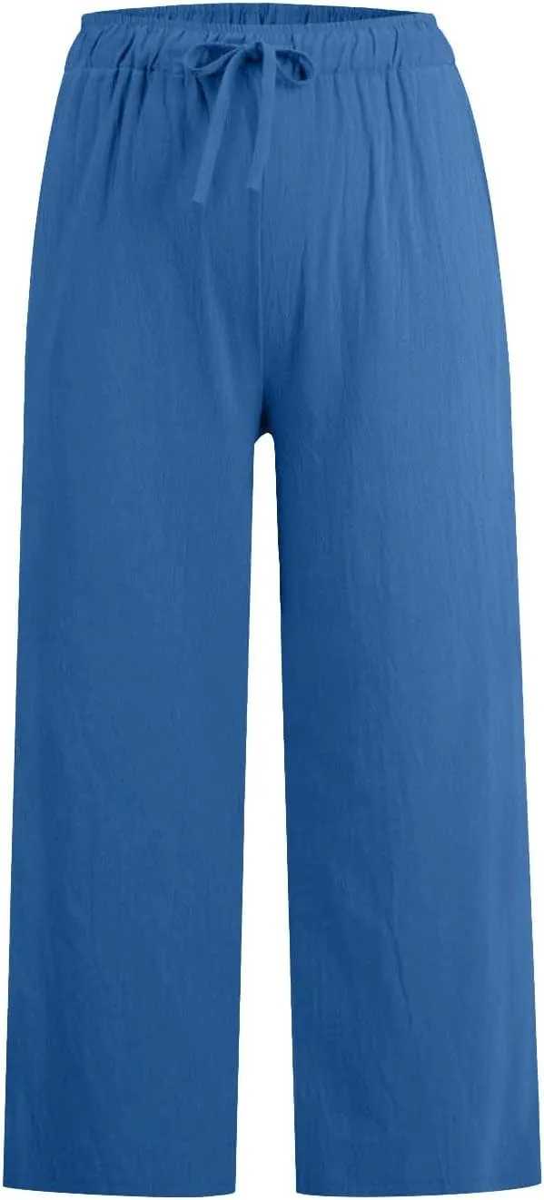 FZYLQY Cotton Linen Pants for Womens 2025 Wide Leg Cropped Lounge Trousers Drawstring Elastic Waist Summer Beach Pants