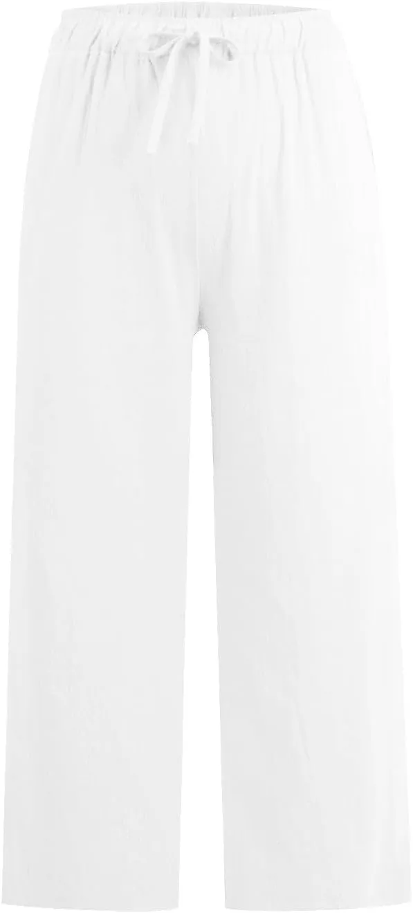 FZYLQY Cotton Linen Pants for Womens 2025 Wide Leg Cropped Lounge Trousers Drawstring Elastic Waist Summer Beach Pants