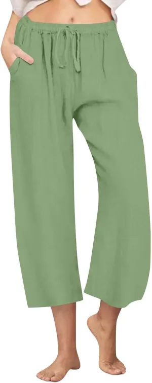 FZYLQY Cotton Linen Pants for Womens 2025 Wide Leg Cropped Lounge Trousers Drawstring Elastic Waist Summer Beach Pants