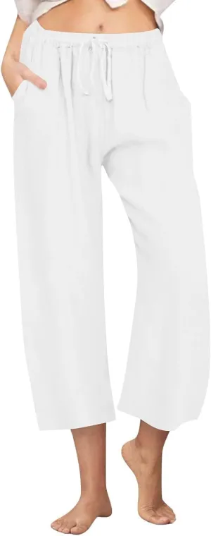FZYLQY Cotton Linen Pants for Womens 2025 Wide Leg Cropped Lounge Trousers Drawstring Elastic Waist Summer Beach Pants