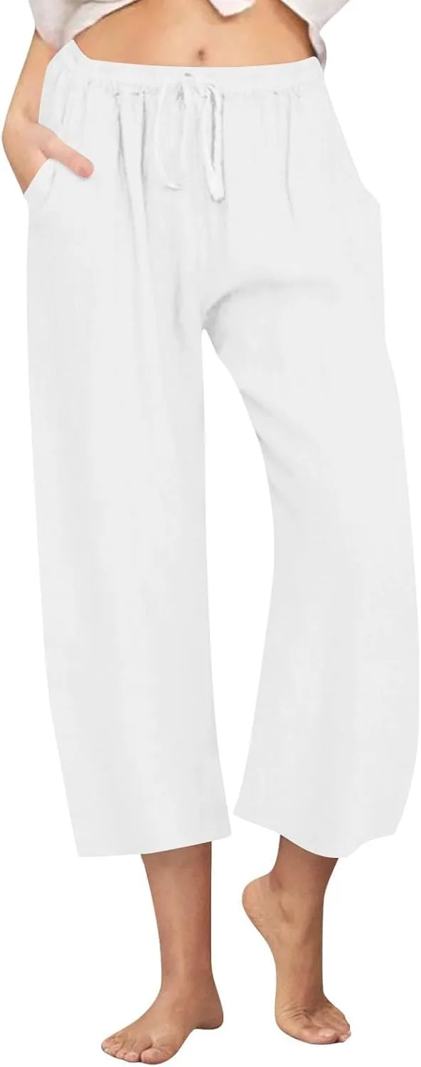 FZYLQY Cotton Linen Pants for Womens 2025 Wide Leg Cropped Lounge Trousers Drawstring Elastic Waist Summer Beach Pants