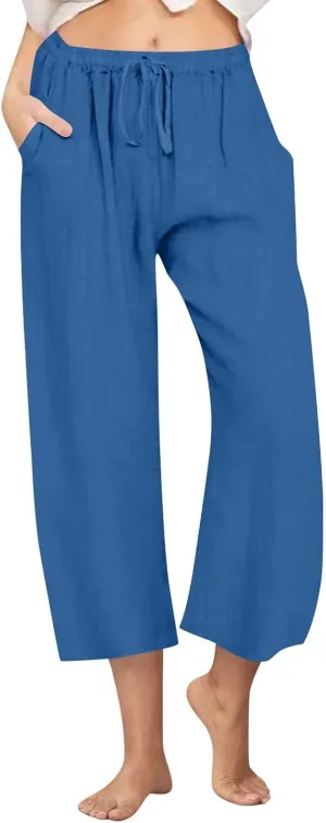FZYLQY Cotton Linen Pants for Womens 2025 Wide Leg Cropped Lounge Trousers Drawstring Elastic Waist Summer Beach Pants