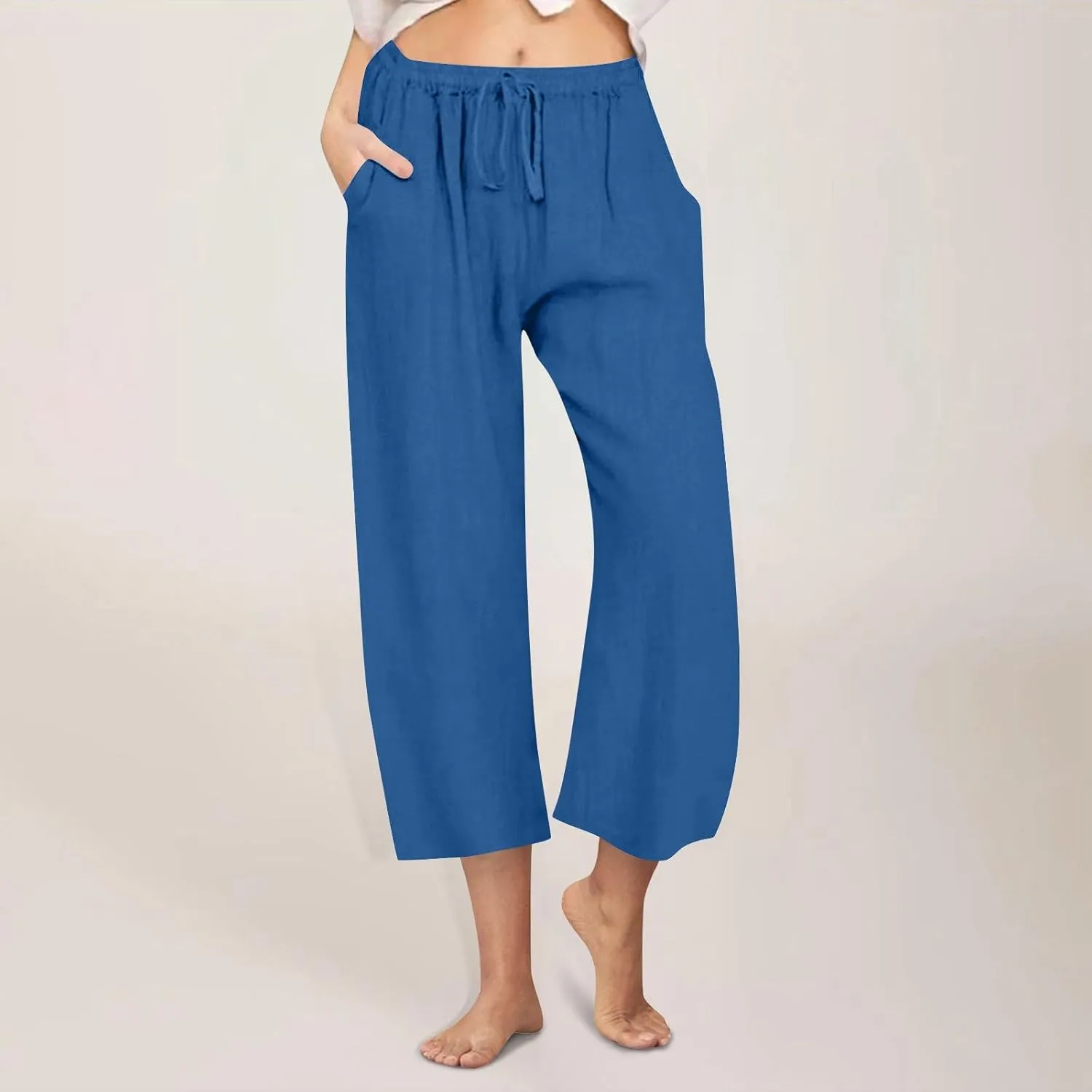 FZYLQY Cotton Linen Pants for Womens 2025 Wide Leg Cropped Lounge Trousers Drawstring Elastic Waist Summer Beach Pants
