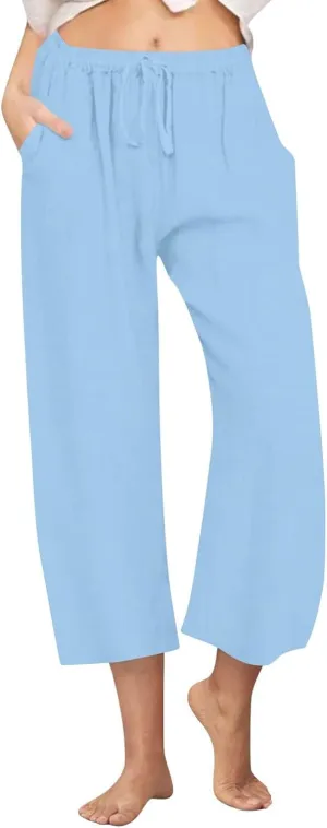 FZYLQY Cotton Linen Pants for Womens 2025 Wide Leg Cropped Lounge Trousers Drawstring Elastic Waist Summer Beach Pants