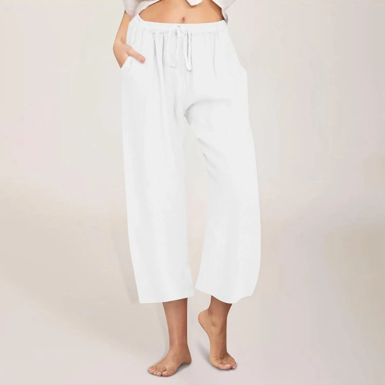 FZYLQY Cotton Linen Pants for Womens 2025 Wide Leg Cropped Lounge Trousers Drawstring Elastic Waist Summer Beach Pants