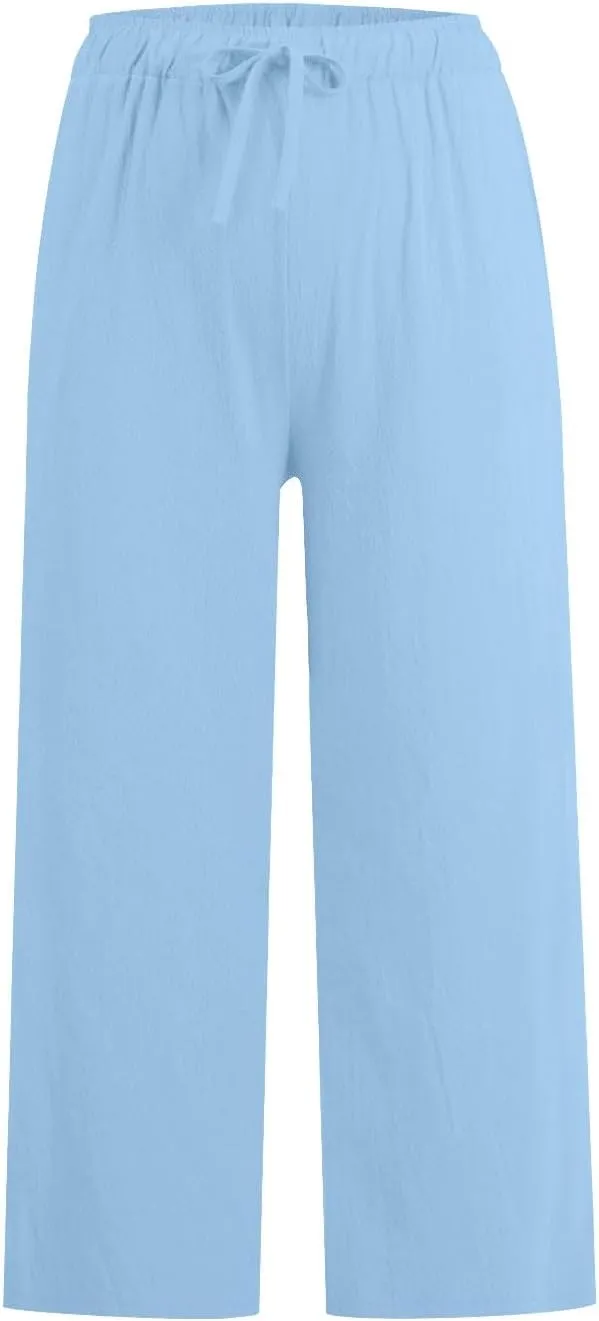 FZYLQY Cotton Linen Pants for Womens 2025 Wide Leg Cropped Lounge Trousers Drawstring Elastic Waist Summer Beach Pants