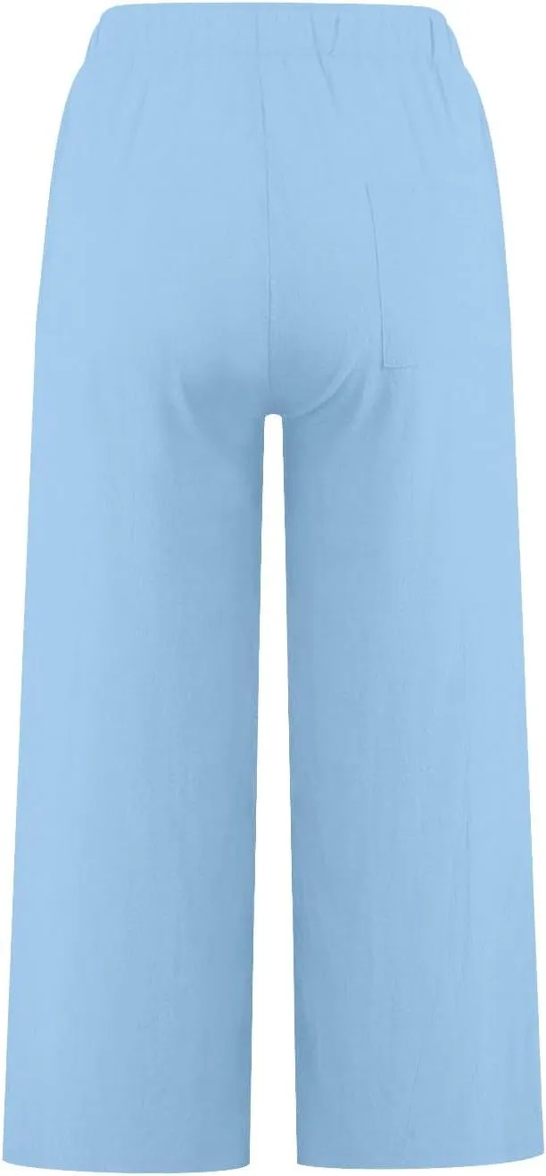 FZYLQY Cotton Linen Pants for Womens 2025 Wide Leg Cropped Lounge Trousers Drawstring Elastic Waist Summer Beach Pants