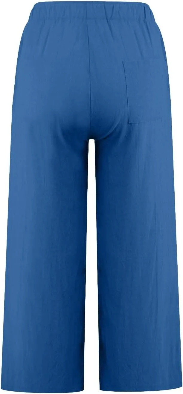 FZYLQY Cotton Linen Pants for Womens 2025 Wide Leg Cropped Lounge Trousers Drawstring Elastic Waist Summer Beach Pants