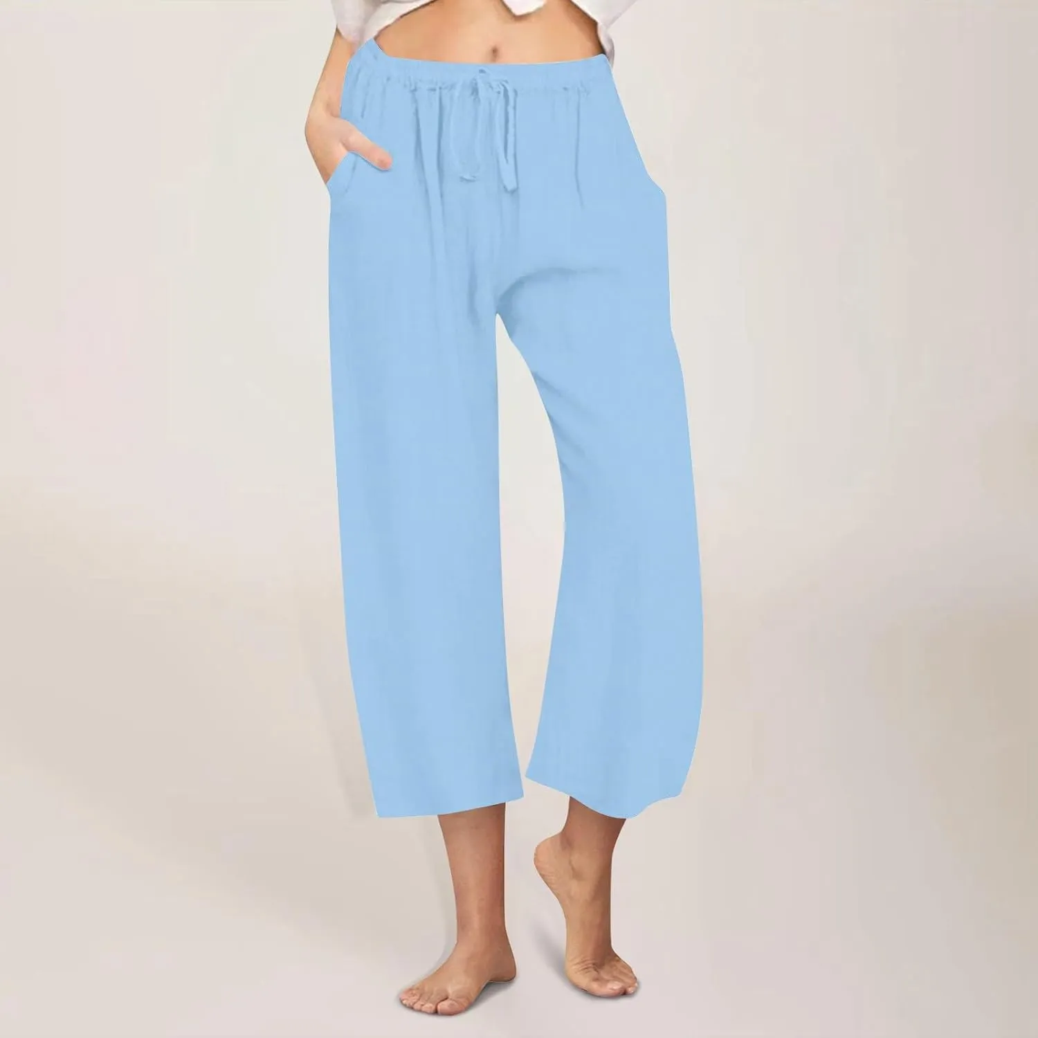FZYLQY Cotton Linen Pants for Womens 2025 Wide Leg Cropped Lounge Trousers Drawstring Elastic Waist Summer Beach Pants