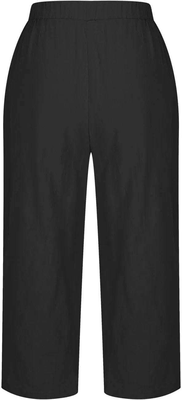 FZYLQY Summer Womens Capri Pants Side Slit Wide Leg Casual Trousers Cotton Linen Palazzo Pants Cropped Yoga Lounge Slacks