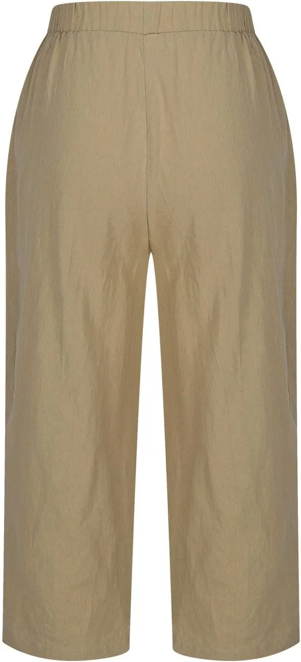 FZYLQY Summer Womens Capri Pants Side Slit Wide Leg Casual Trousers Cotton Linen Palazzo Pants Cropped Yoga Lounge Slacks