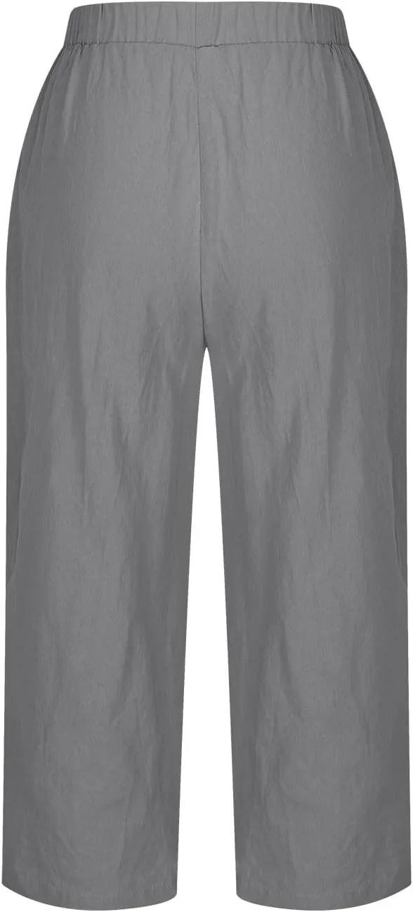 FZYLQY Summer Womens Capri Pants Side Slit Wide Leg Casual Trousers Cotton Linen Palazzo Pants Cropped Yoga Lounge Slacks