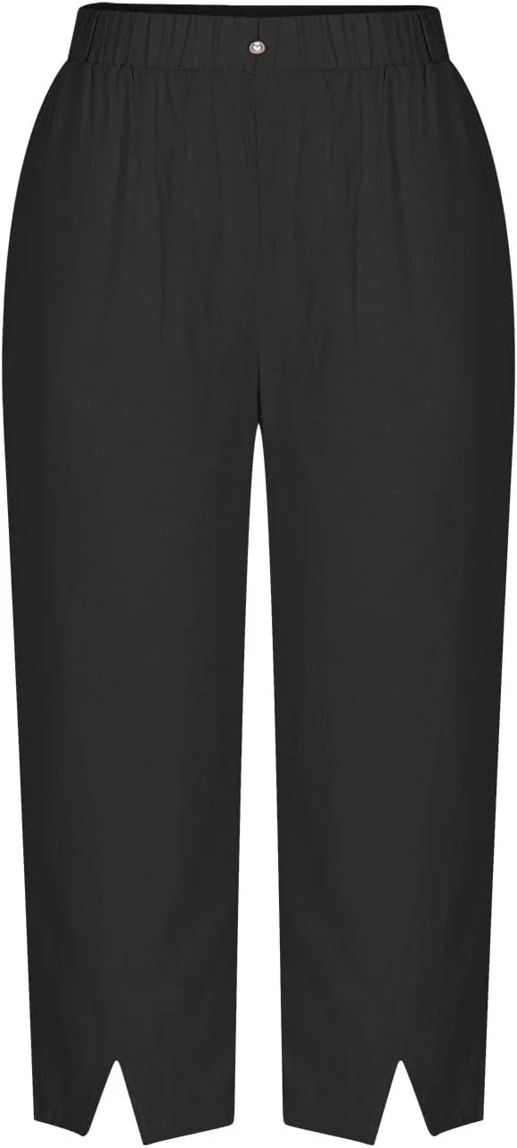 FZYLQY Summer Womens Capri Pants Side Slit Wide Leg Casual Trousers Cotton Linen Palazzo Pants Cropped Yoga Lounge Slacks