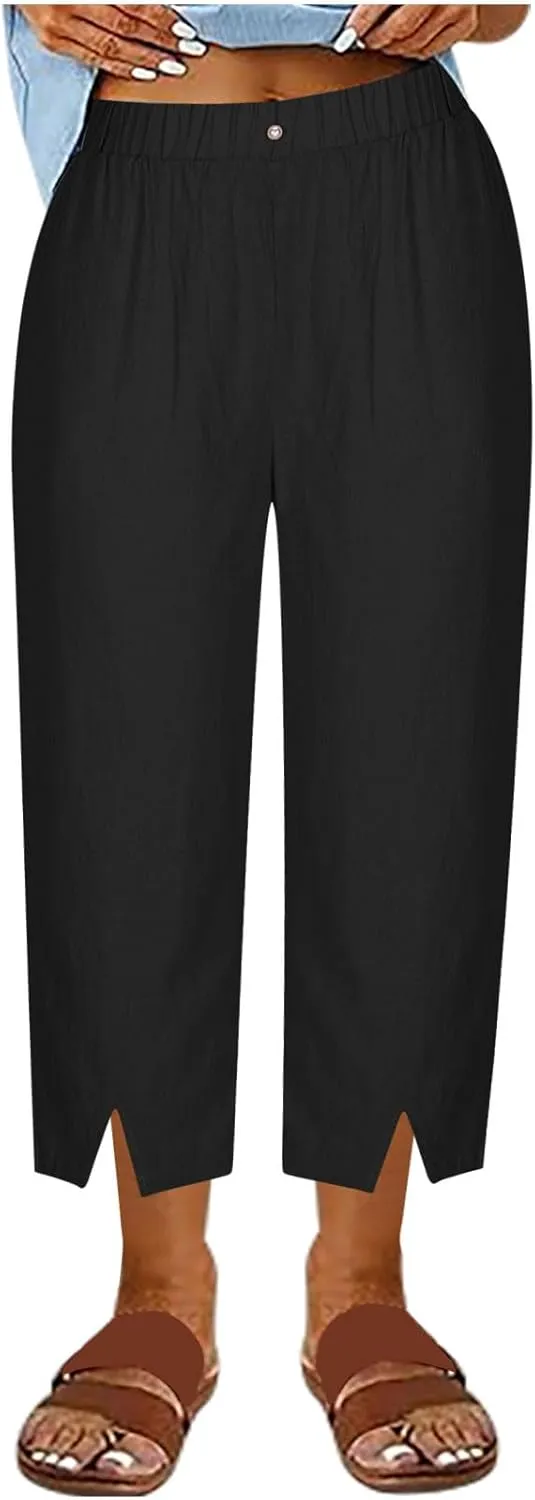 FZYLQY Summer Womens Capri Pants Side Slit Wide Leg Casual Trousers Cotton Linen Palazzo Pants Cropped Yoga Lounge Slacks