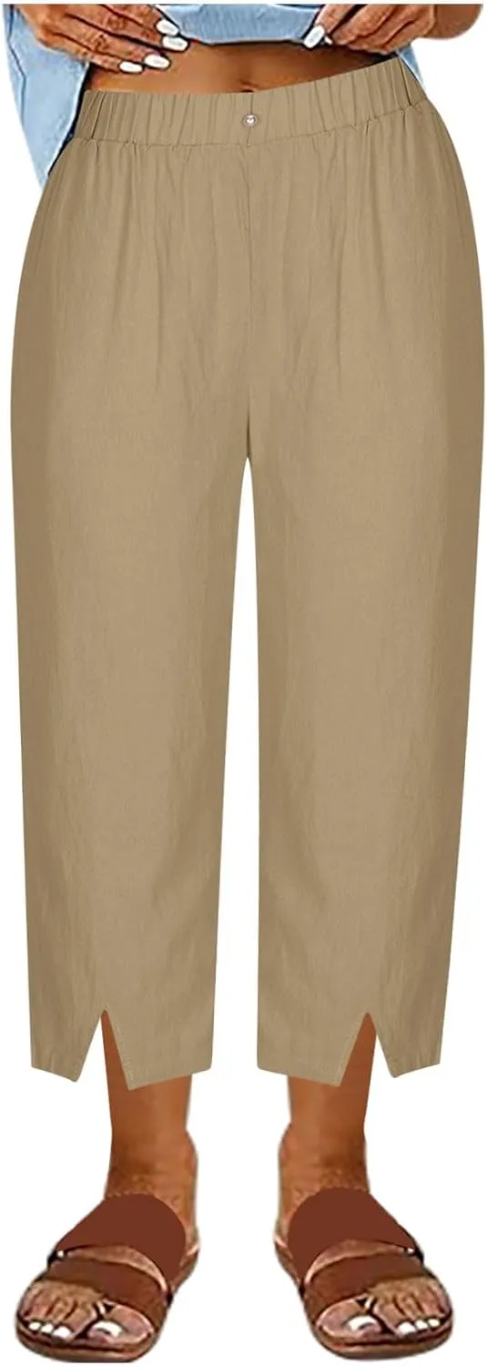 FZYLQY Summer Womens Capri Pants Side Slit Wide Leg Casual Trousers Cotton Linen Palazzo Pants Cropped Yoga Lounge Slacks