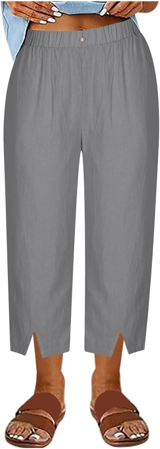 FZYLQY Summer Womens Capri Pants Side Slit Wide Leg Casual Trousers Cotton Linen Palazzo Pants Cropped Yoga Lounge Slacks