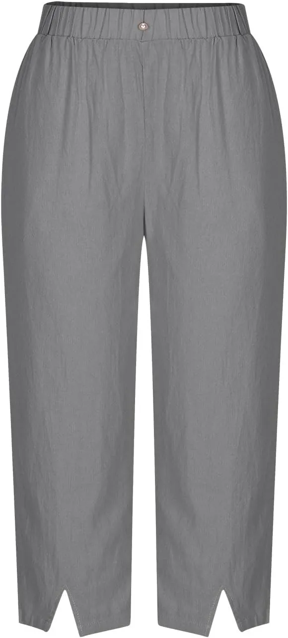 FZYLQY Summer Womens Capri Pants Side Slit Wide Leg Casual Trousers Cotton Linen Palazzo Pants Cropped Yoga Lounge Slacks