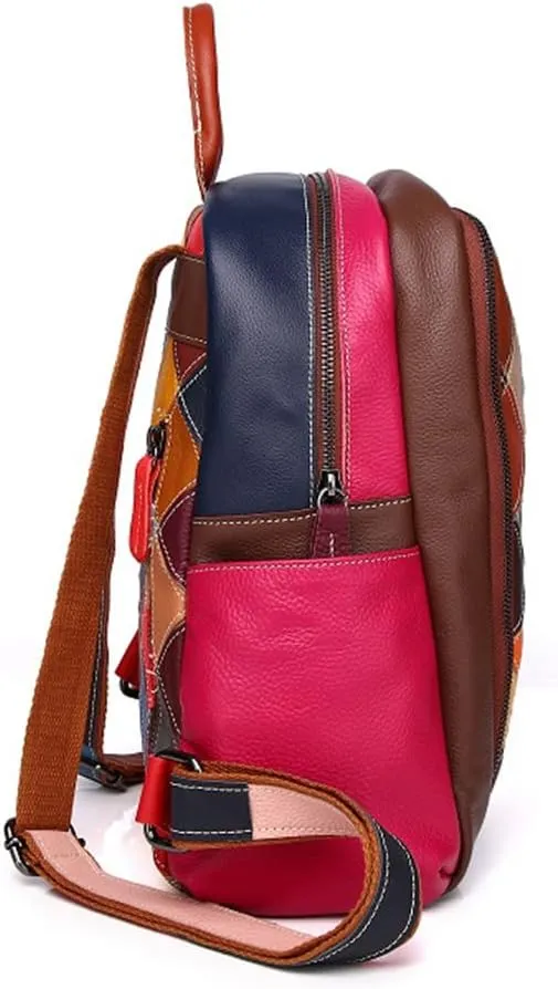 Genuine Leather Backpack Multi-color Stitched Daypack Random Colorful Patchwork Shoulder Bag Spring Summer Style Travel Rucksack