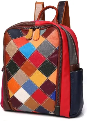 Genuine Leather Backpack Multi-color Stitched Daypack Random Colorful Patchwork Shoulder Bag Spring Summer Style Travel Rucksack