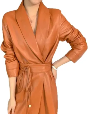 Genuine Sheepskin Leather Korean Style Slim Fit Long Trench Brown Coat for Women
