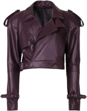 Genuine Sheepskin Leather Wide Shoulder Oversized Cropped Street Wear Plum Color Jacket for Women (US, Alpha, Medium, Regular, Regular)