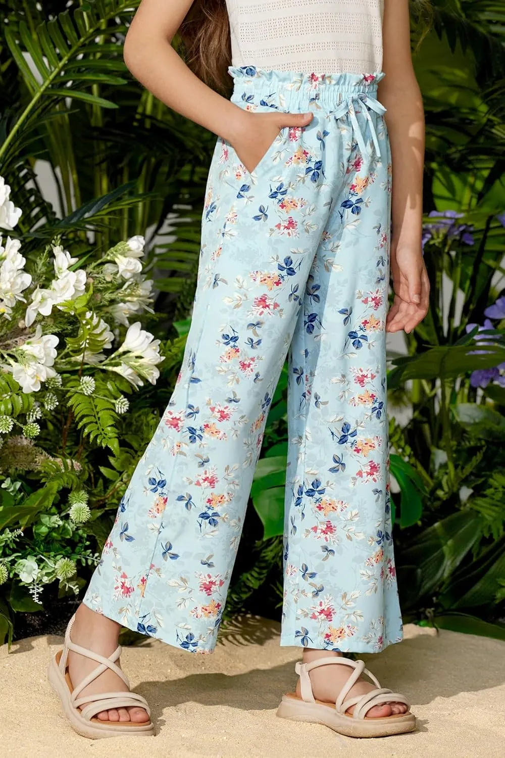 Girls Summer Print Drawstring Wide Leg Pants High Waisted Palazzo Pants Lounge Trousers with Lining Pocket 5-14 Years