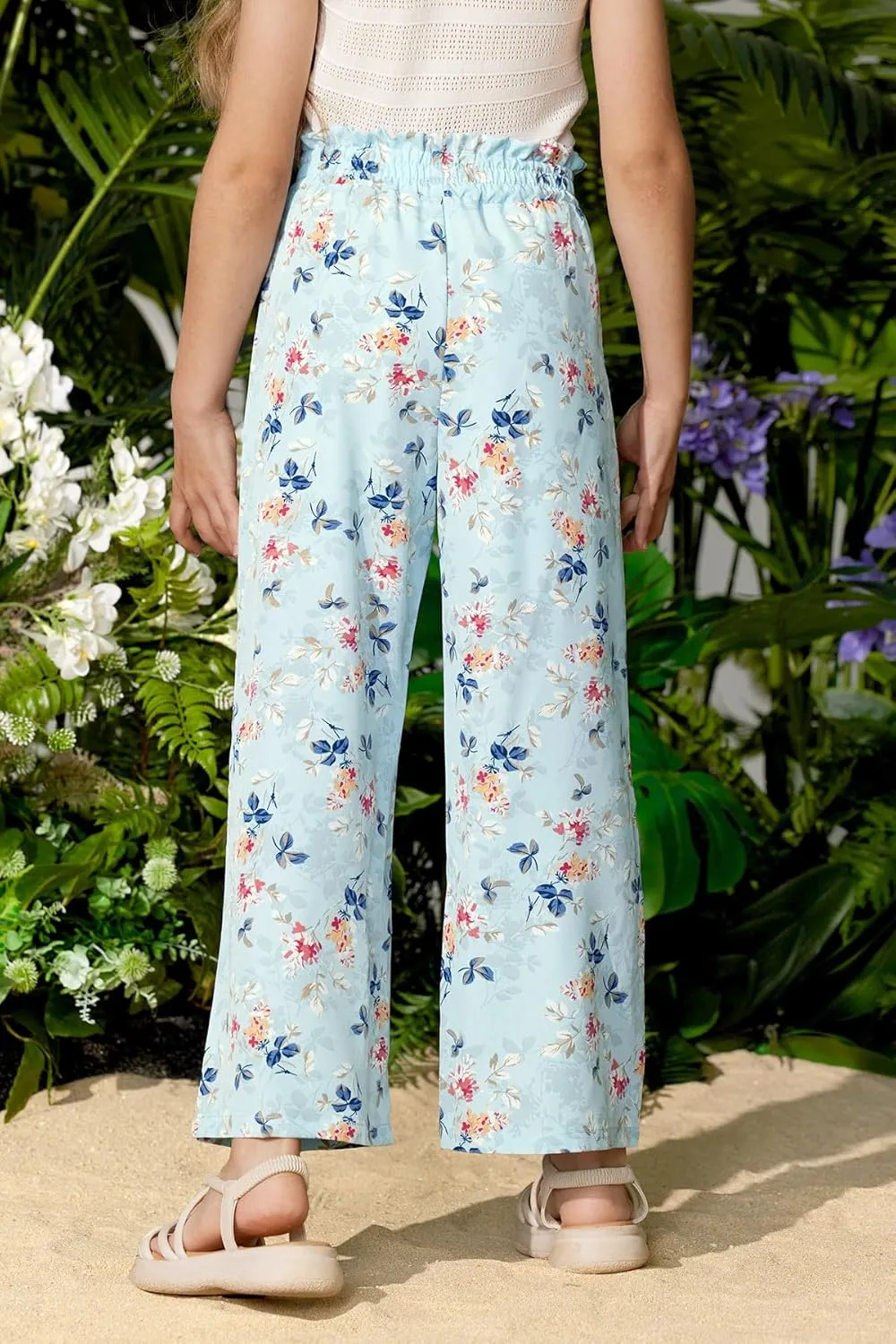 Girls Summer Print Drawstring Wide Leg Pants High Waisted Palazzo Pants Lounge Trousers with Lining Pocket 5-14 Years