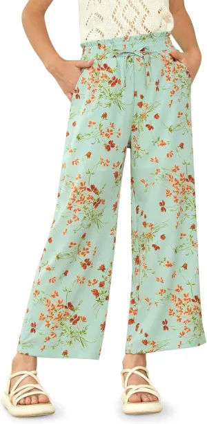 Girls Summer Print Drawstring Wide Leg Pants High Waisted Palazzo Pants Lounge Trousers with Lining Pocket 5-14 Years