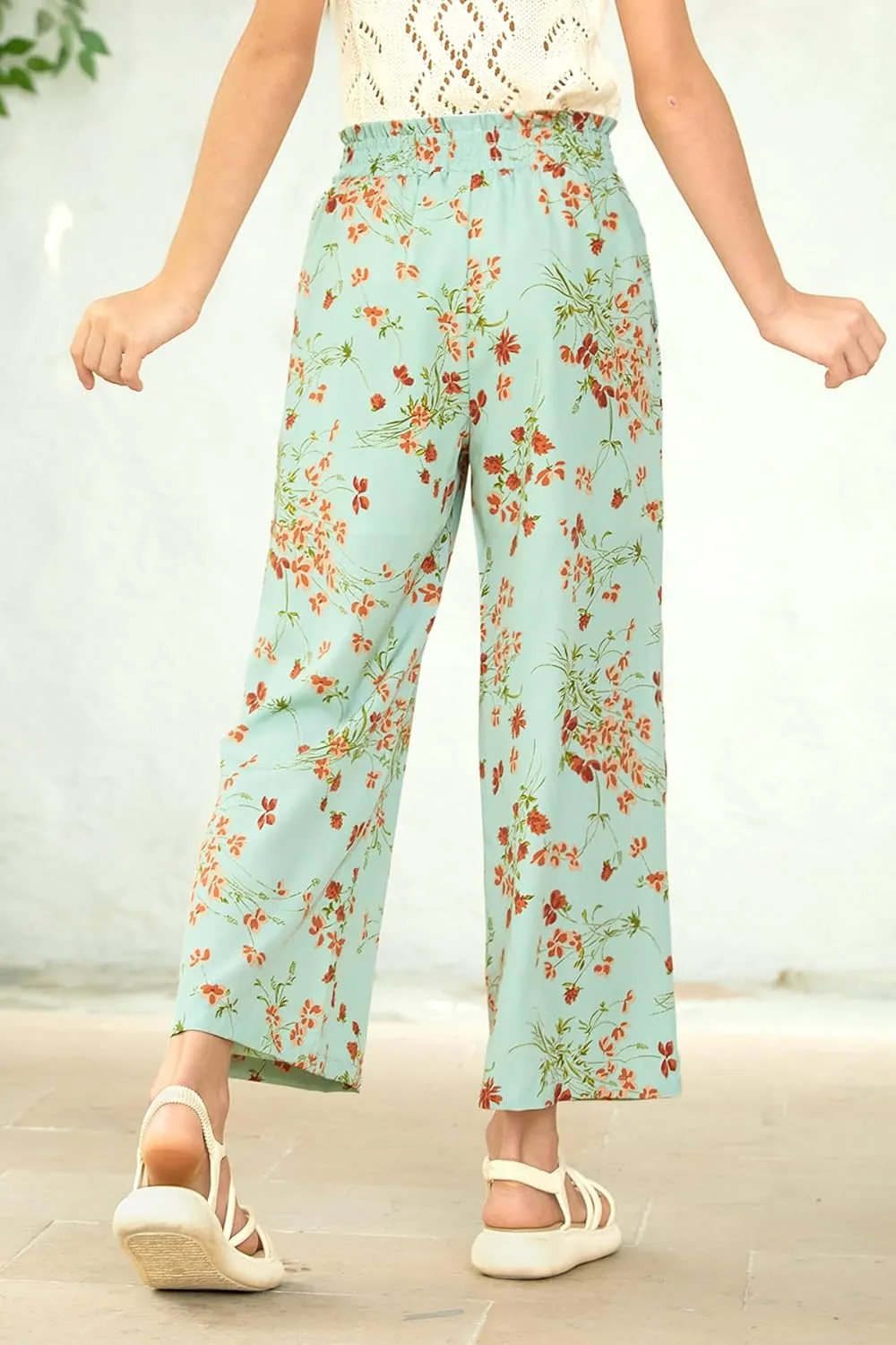 Girls Summer Print Drawstring Wide Leg Pants High Waisted Palazzo Pants Lounge Trousers with Lining Pocket 5-14 Years