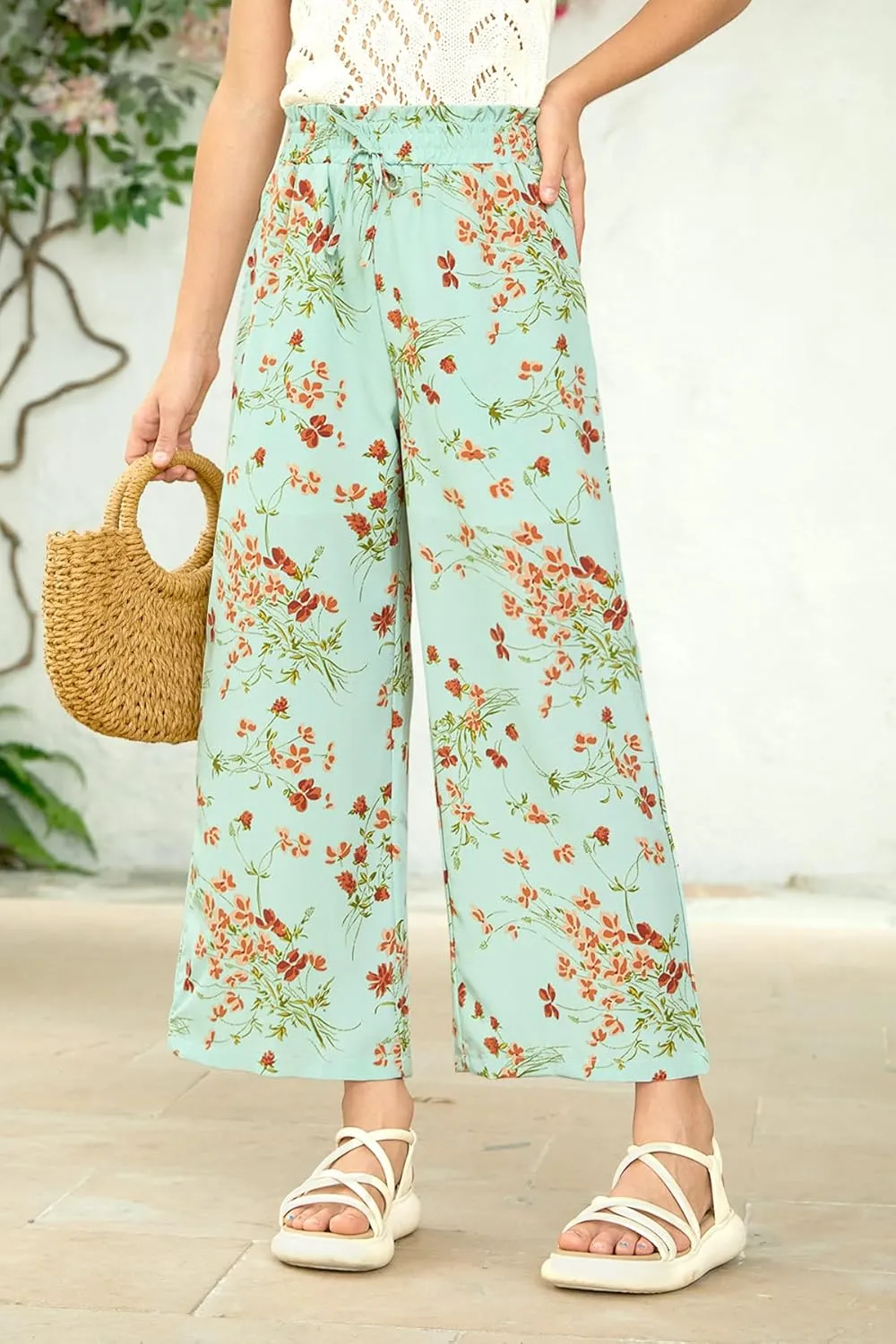 Girls Summer Print Drawstring Wide Leg Pants High Waisted Palazzo Pants Lounge Trousers with Lining Pocket 5-14 Years