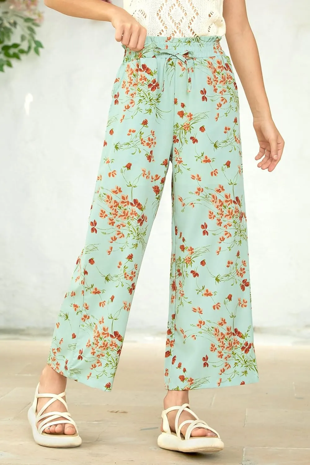 Girls Summer Print Drawstring Wide Leg Pants High Waisted Palazzo Pants Lounge Trousers with Lining Pocket 5-14 Years