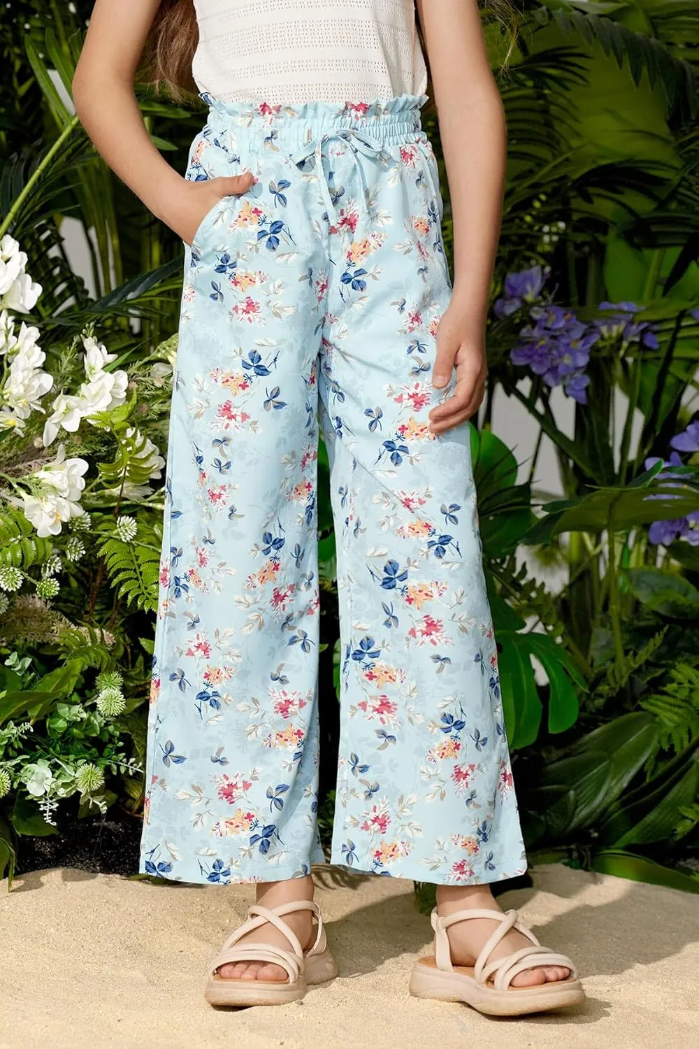 Girls Summer Print Drawstring Wide Leg Pants High Waisted Palazzo Pants Lounge Trousers with Lining Pocket 5-14 Years