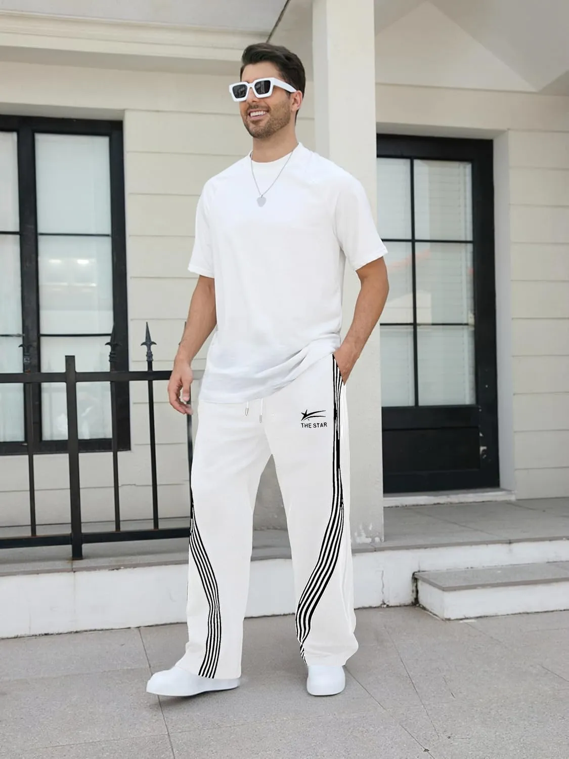 GORGLITTER Men's Wide Leg Baggy Sweatpants Y2k Striped Side Drawstring Waist Track Pants with Pockets