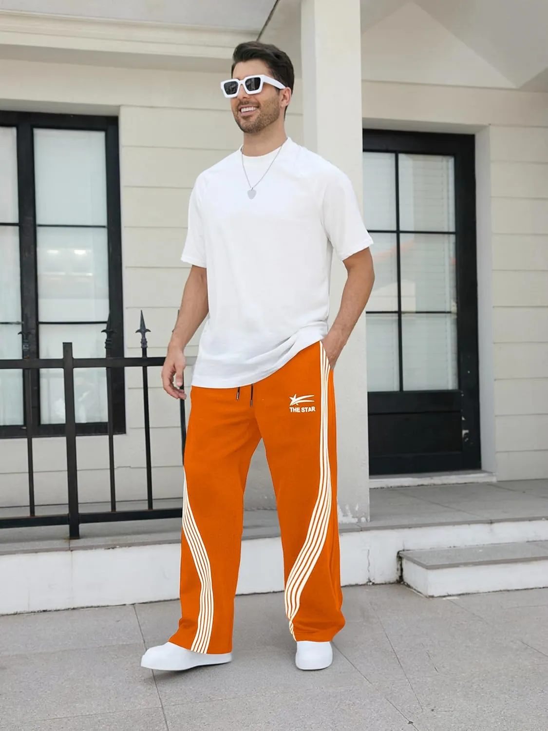 GORGLITTER Men's Wide Leg Baggy Sweatpants Y2k Striped Side Drawstring Waist Track Pants with Pockets