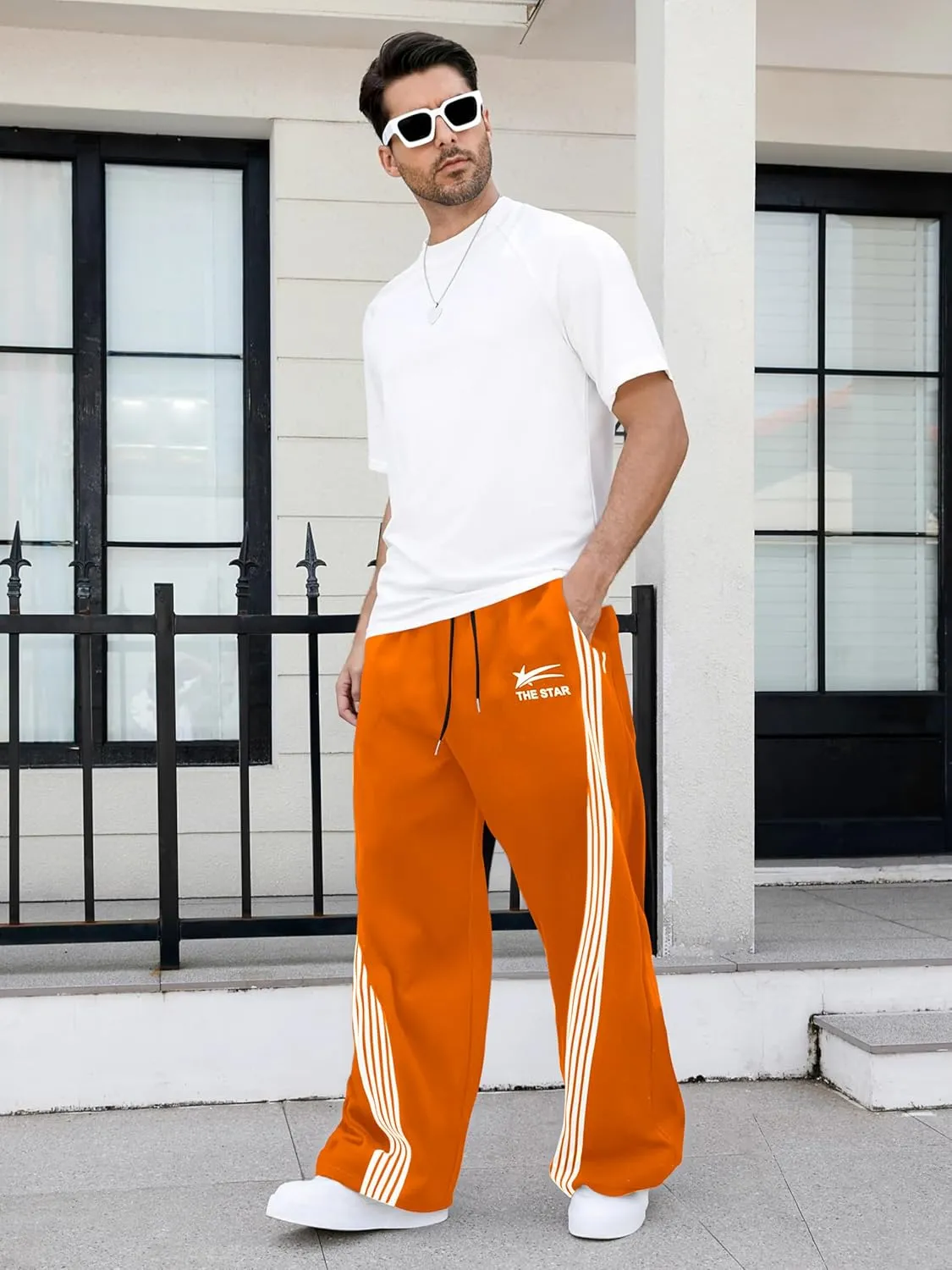GORGLITTER Men's Wide Leg Baggy Sweatpants Y2k Striped Side Drawstring Waist Track Pants with Pockets