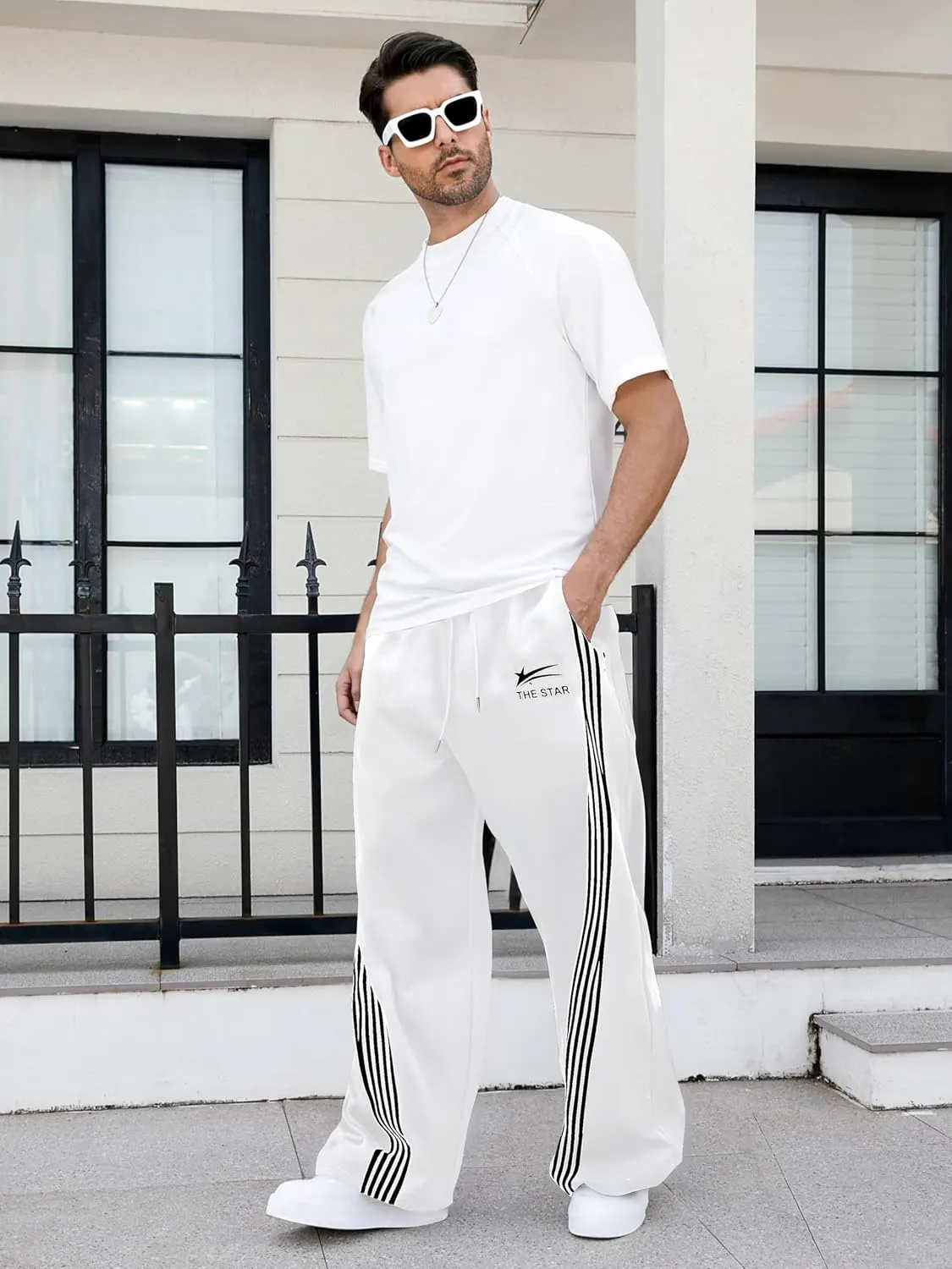 GORGLITTER Men's Wide Leg Baggy Sweatpants Y2k Striped Side Drawstring Waist Track Pants with Pockets