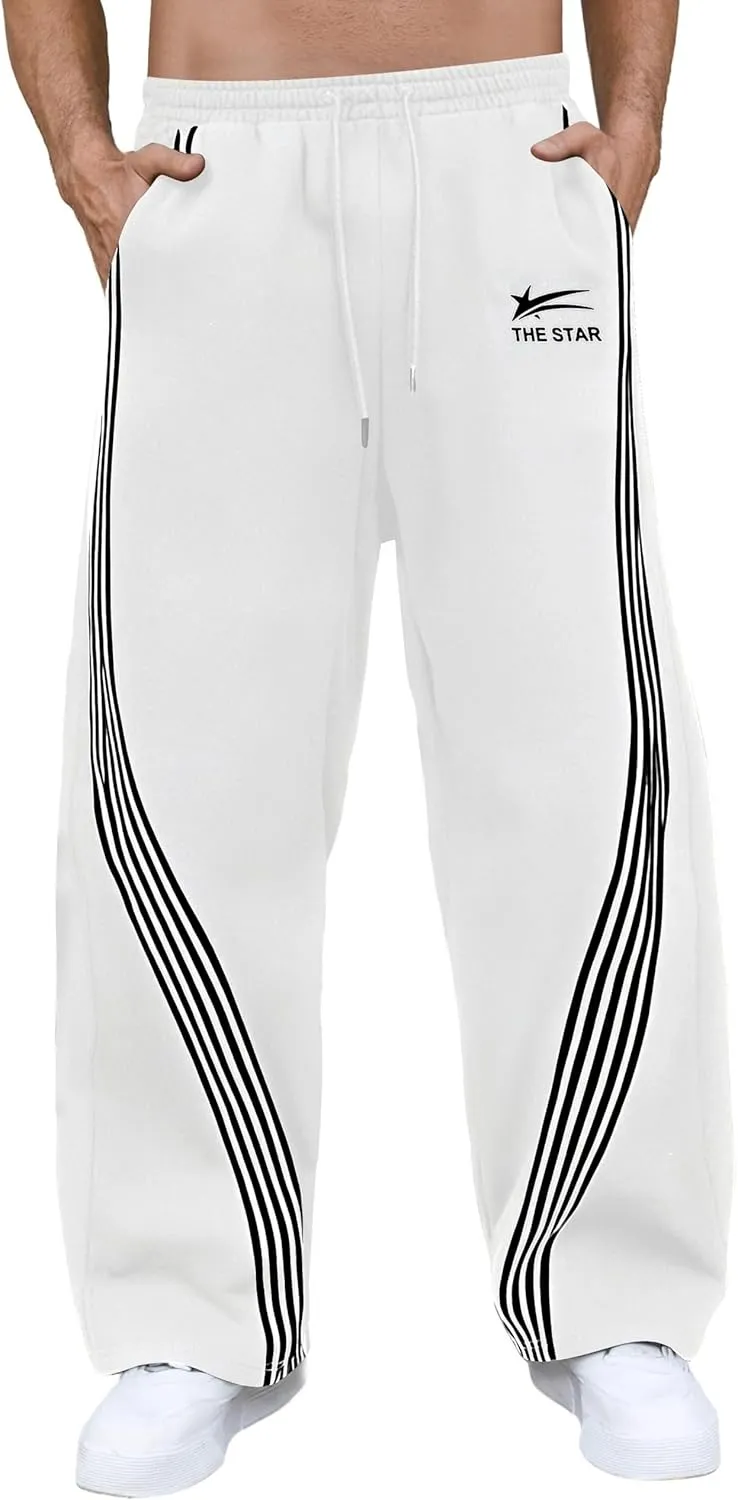 GORGLITTER Men's Wide Leg Baggy Sweatpants Y2k Striped Side Drawstring Waist Track Pants with Pockets