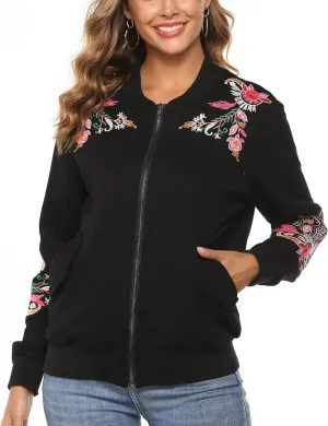 Grosy Boho Floral Embroidered Hoodie for Women Zip Up Long Sleeve Hooded Sweatshirt for Fall Winter Ethnic Vintage Jackets